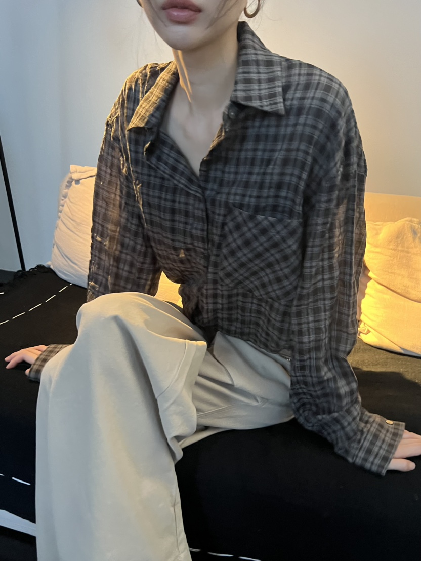 ME MO東大門直郵26秋季新款真品襯衫蕾絲衫不含內搭格子ME MO襯衫/蕾絲衫