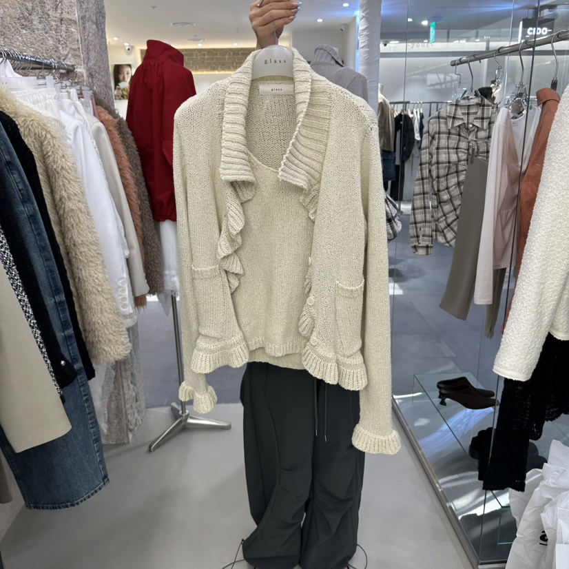 THEMORYPARK東大門直郵女士新品熱賣休閑推薦套裝荷葉邊開衫THEMORYPARK套裝圖色1