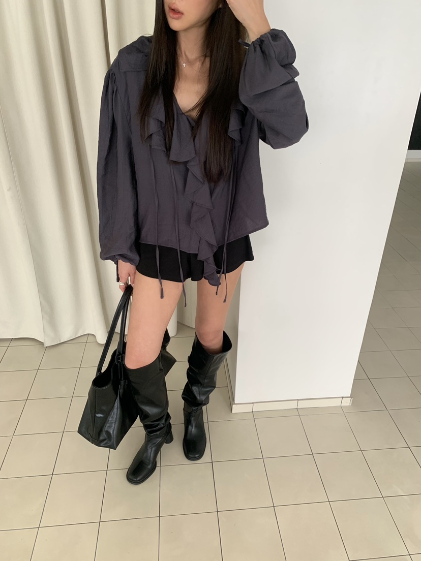 NOB韓國直郵女裝新款休閑真品推薦時尚熱賣襯衫蕾絲衫褶邊NOB襯衫/蕾絲衫