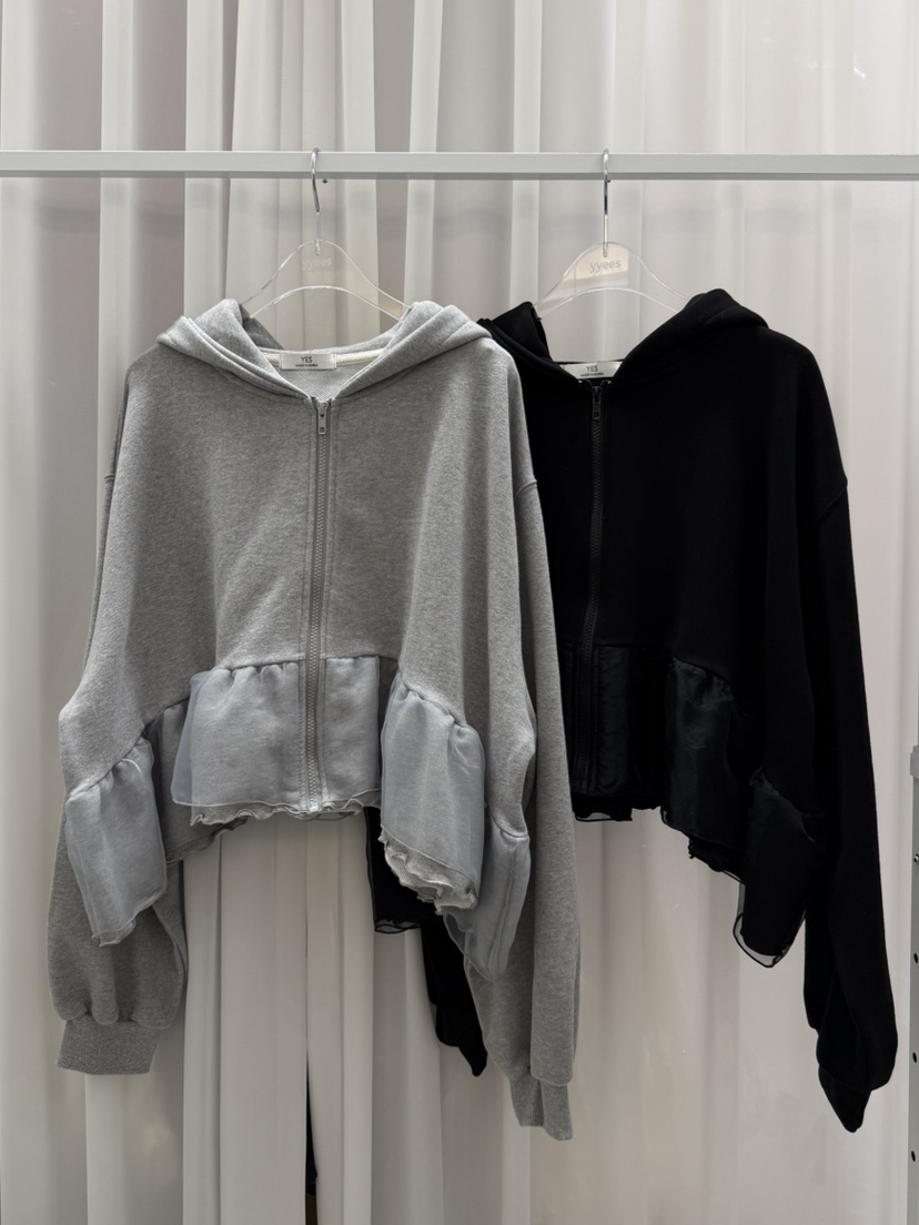 YES東大門代購女裝新品真品時尚推薦衛衣拉鏈連帽衫荷葉邊YES衛衣