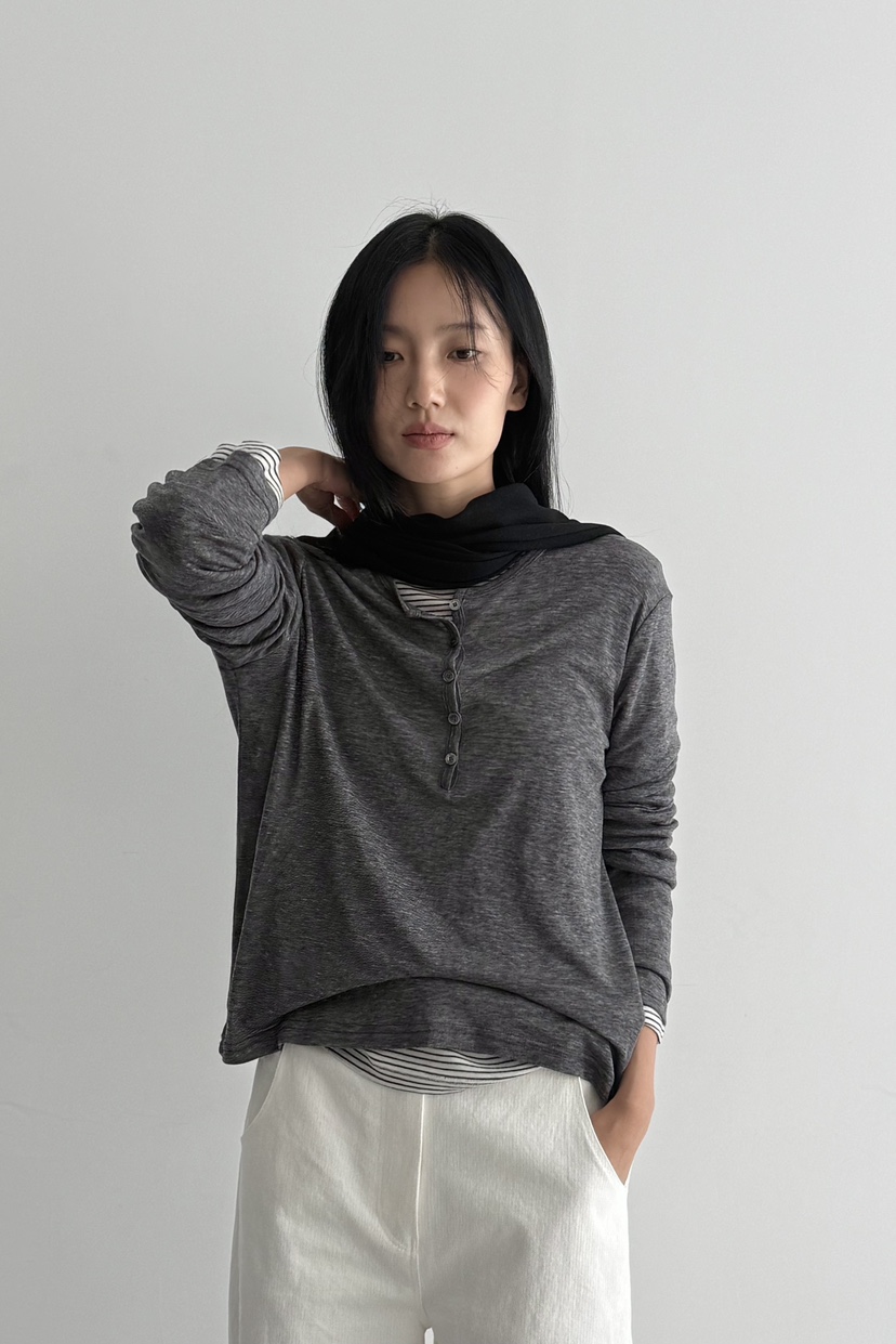 AMY GRACE-A東大門代購女裝新款休閑熱賣推薦長袖T恤紐扣AMY GRACE長袖T恤圖色1