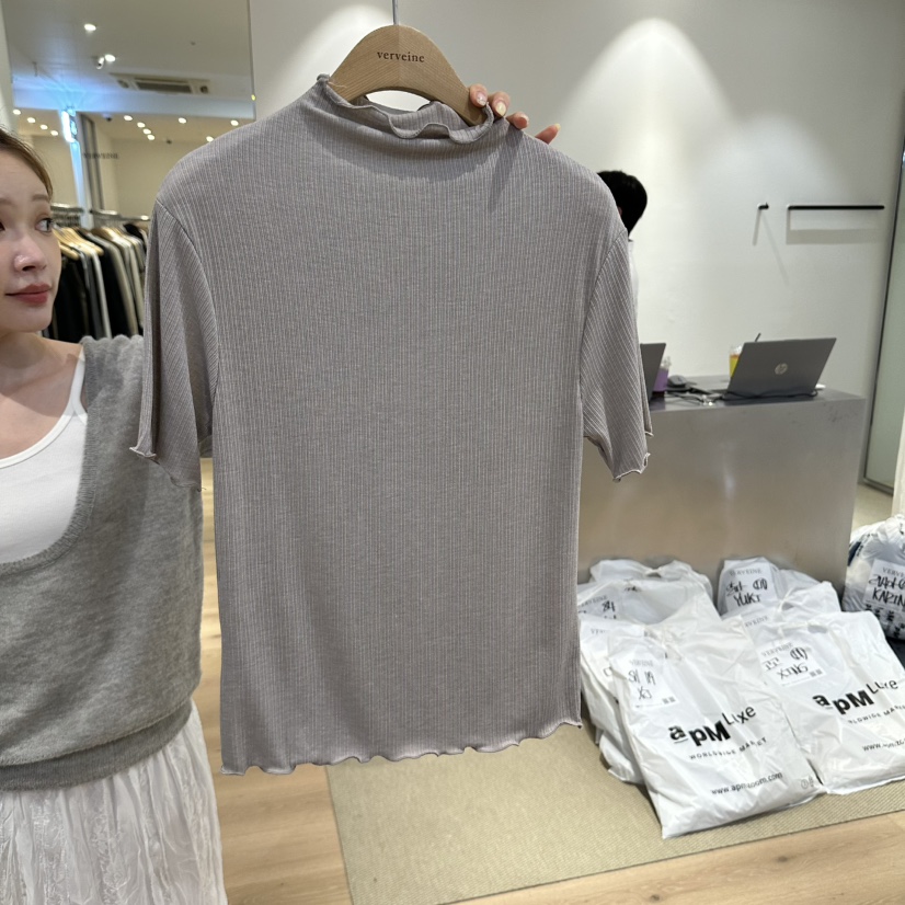 VERVEINE東大門代購女裝新款人氣熱賣推薦時尚T恤半領羅紋VERVEINET恤圖色2