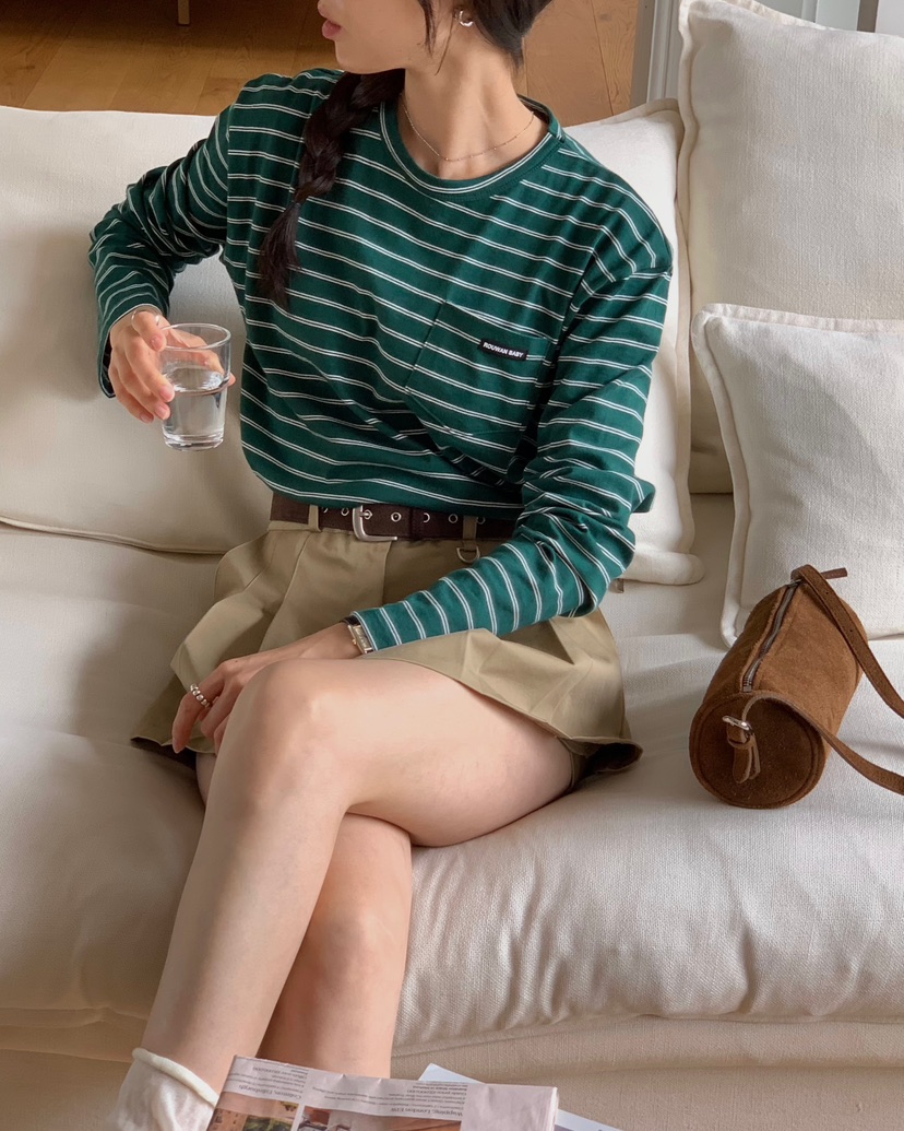 MONTER東大門代購女裝新品時尚休閑推薦熱賣長袖T恤口袋條紋MONTER長袖T恤