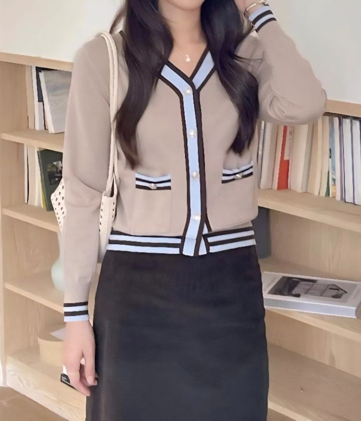 BLING BLING-S/RICO東大門直郵女裝新款休閑針織衫V領撞色開衫BLING BLING-S/RICO針織衫圖色1