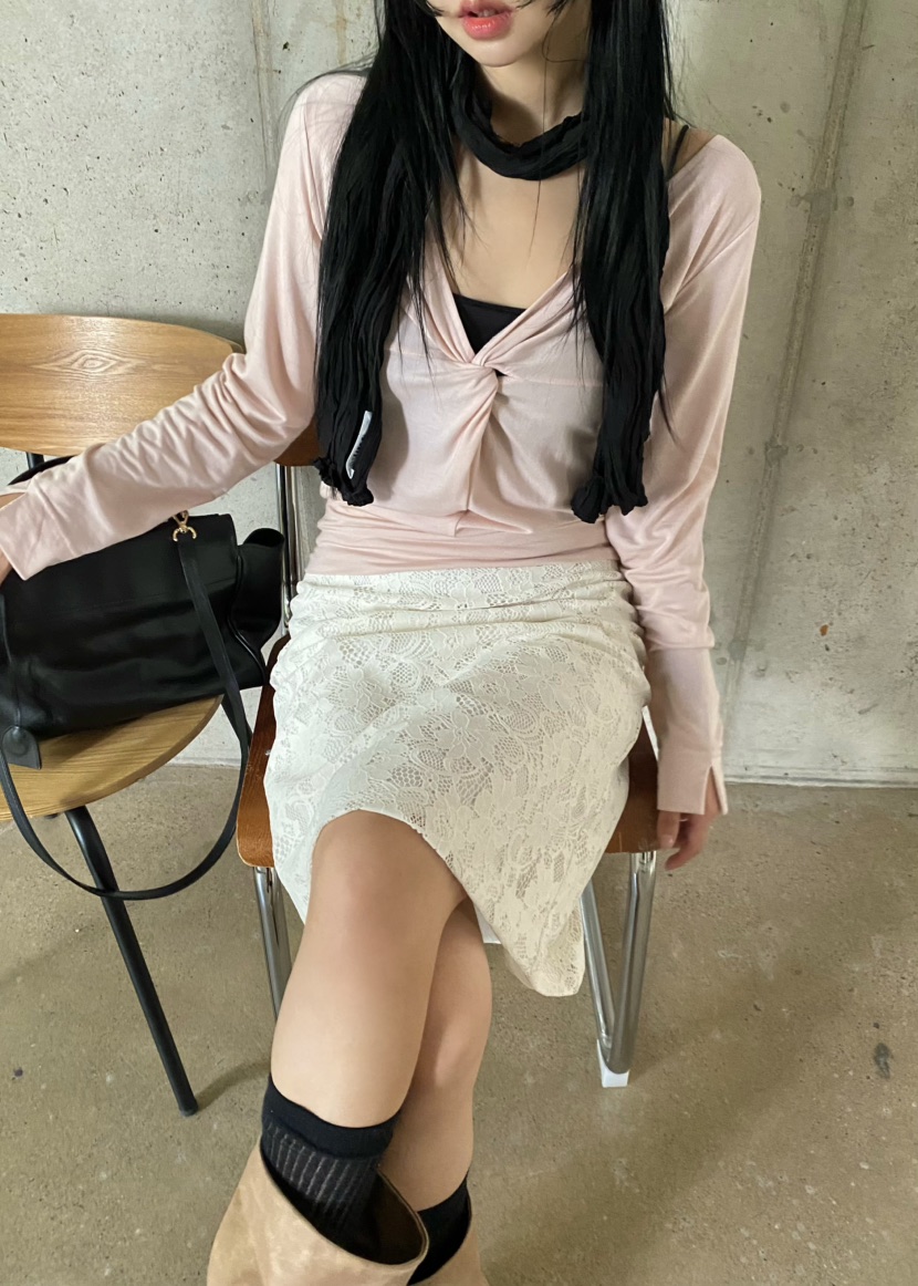 OUPPT韓國直郵女士新款時尚推薦休閑長袖T恤不含圍巾扭曲OUPPT長袖T恤圖色2
