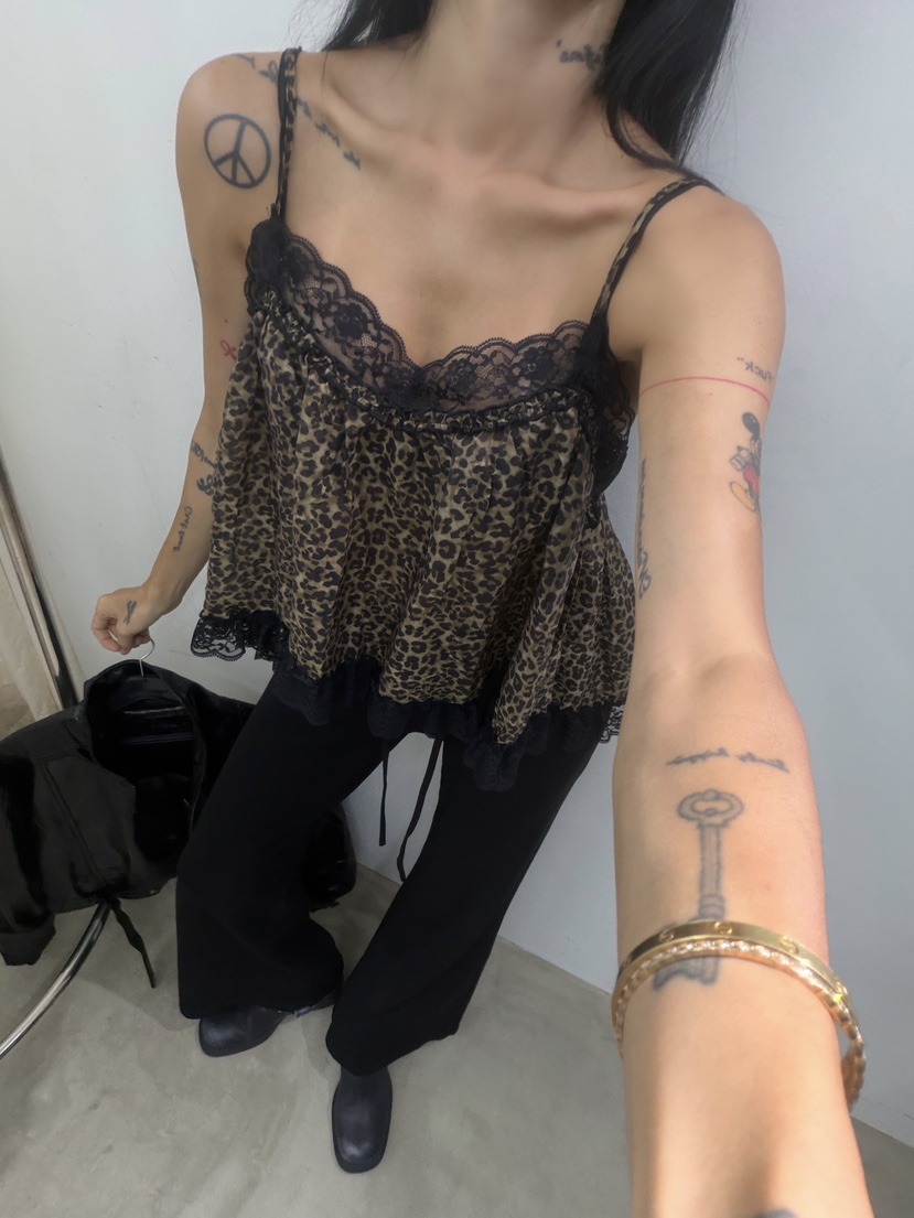 ABBEYLEE韓國直郵女士新品真品休閑人氣吊帶背心豹紋蕾絲ABBEYLEE吊帶/背心