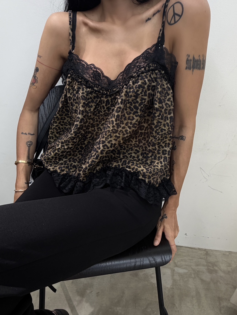 ABBEYLEE韓國直郵女士新品真品休閑人氣吊帶背心豹紋蕾絲ABBEYLEE吊帶/背心