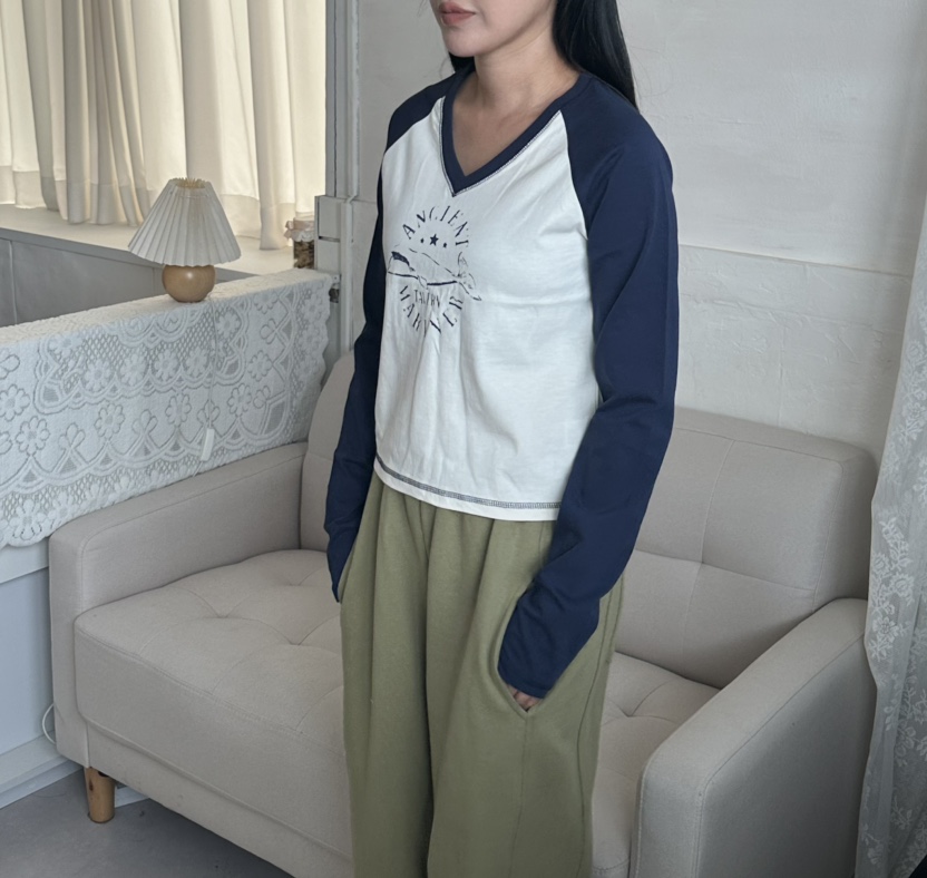 LEEHEE東大門代購女裝新款真品休閑推薦長袖T恤插肩袖撞色LEEHEE長袖T恤