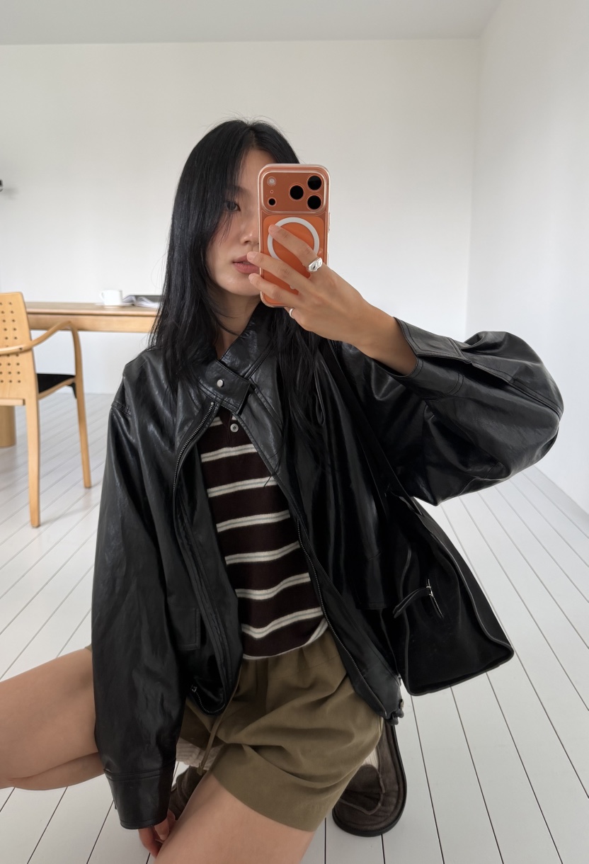 AMY GRACE-A韓國直郵女士新款休閑推薦熱賣人氣皮衣皮革AMY GRACE皮衣