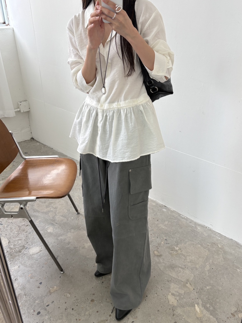 Verbena韓國直郵女士新款休閑真品時尚襯衫蕾絲衫褶皺紐扣Verbena襯衫/蕾絲衫