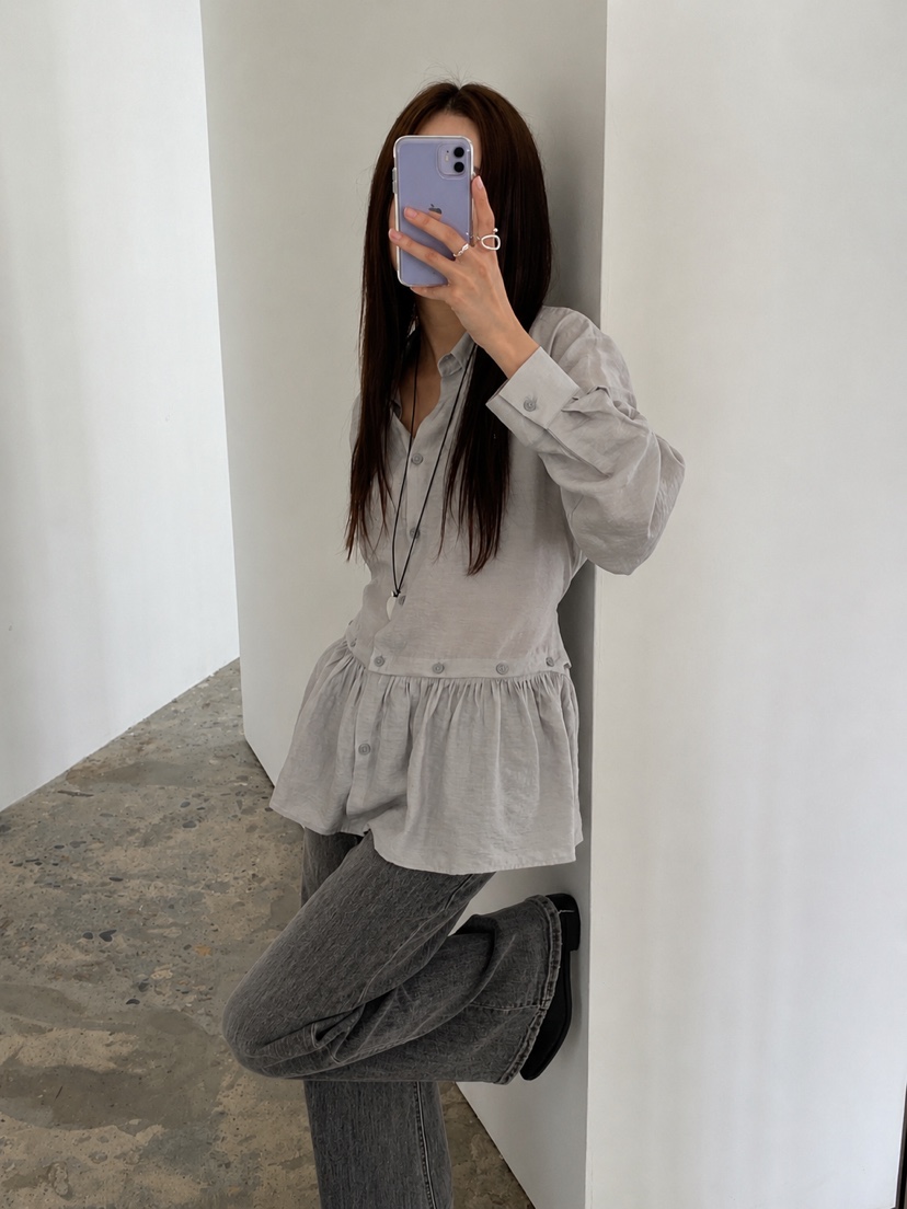 Verbena韓國直郵女士新款休閑真品時尚襯衫蕾絲衫褶皺紐扣Verbena襯衫/蕾絲衫