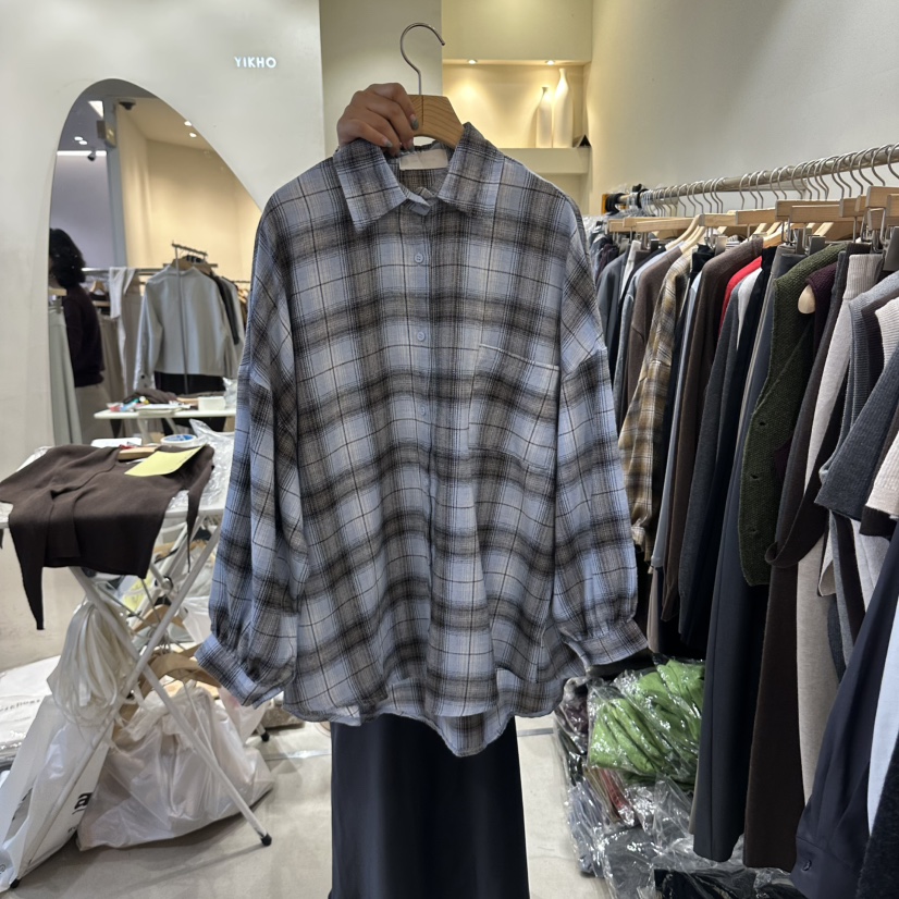 YIKHO STYLE韓國直郵女士新品熱賣休閑襯衫蕾絲衫格子寬松YIKHO STYLE襯衫/蕾絲衫圖色1