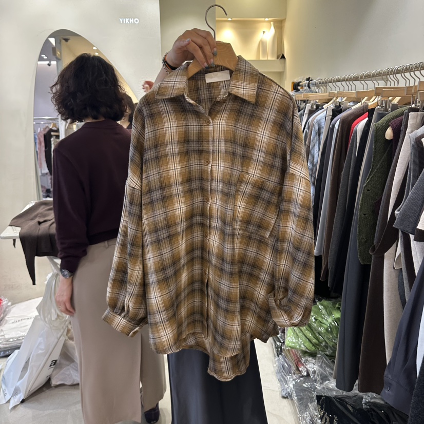 YIKHO STYLE韓國直郵女士新品熱賣休閑襯衫蕾絲衫格子寬松YIKHO STYLE襯衫/蕾絲衫圖色2