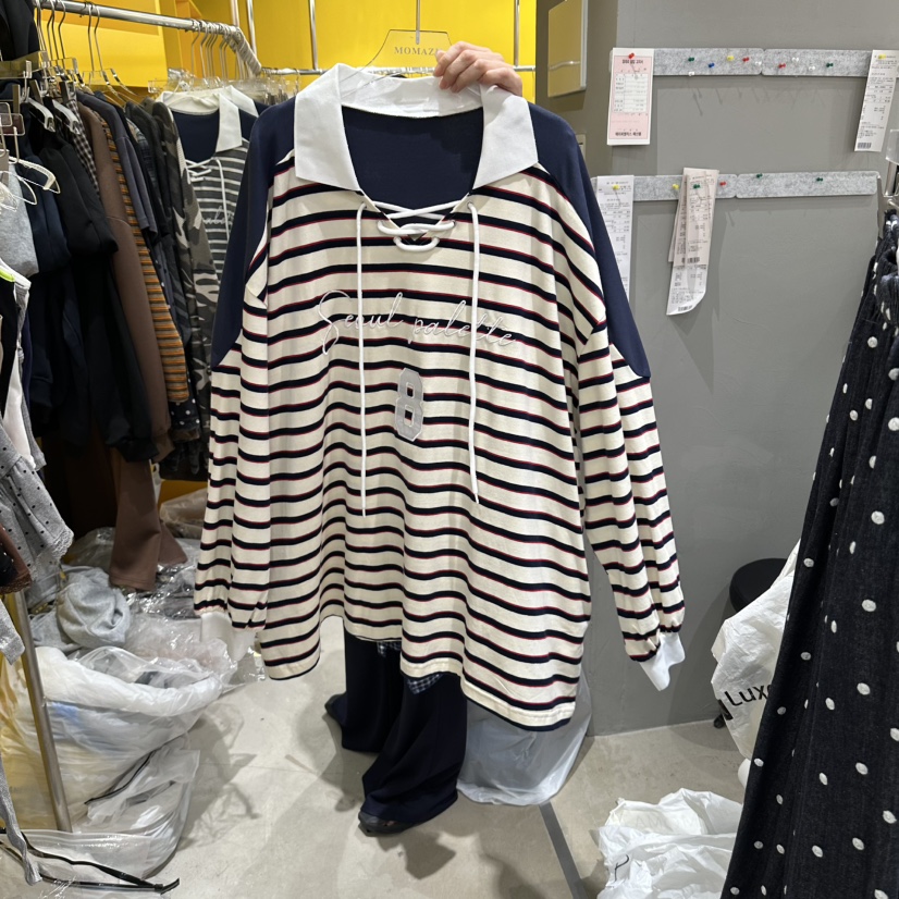 MOMAZU東大門代購女裝新款時尚真品休閑人氣長袖T恤刺繡條紋MOMAZU長袖T恤圖色3