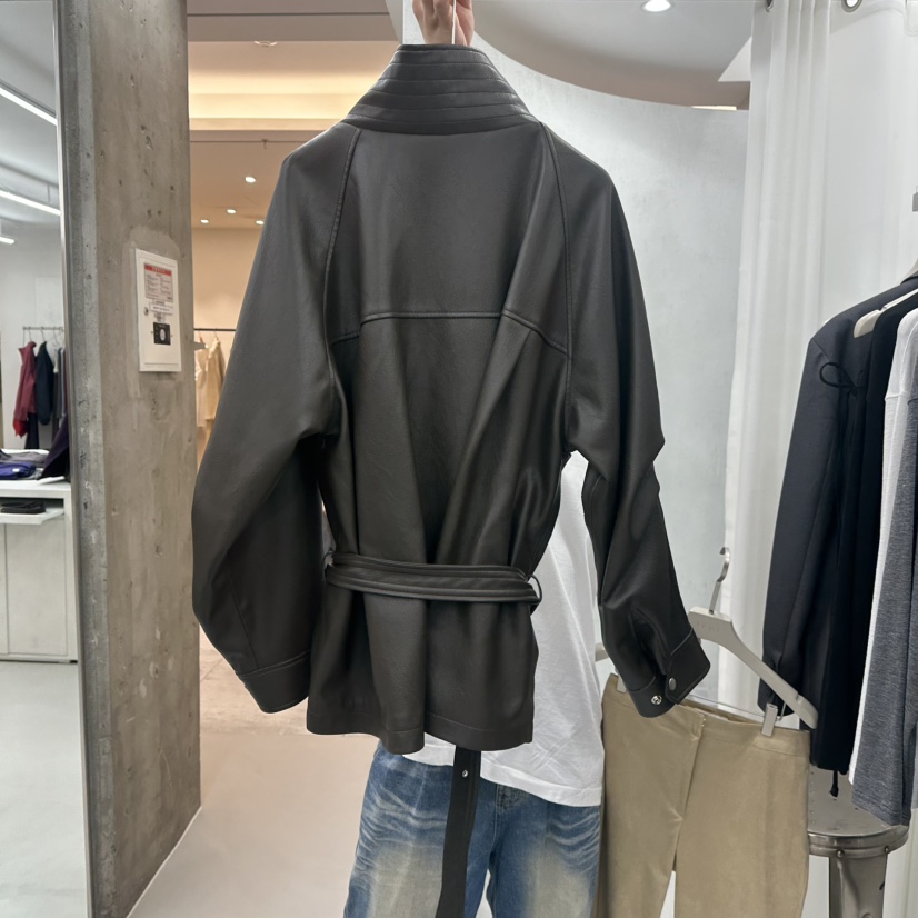 LEPI東大門實拍女裝新款真品熱賣夾克不對稱含腰帶皮革高領LEPI夾克