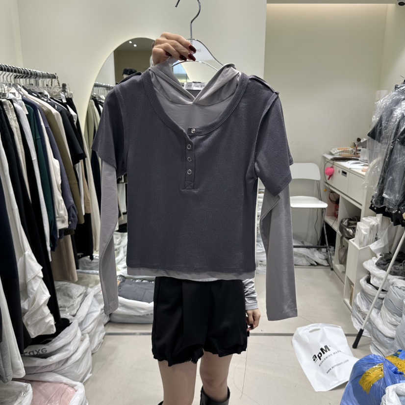AT THE END韓國代購女裝新品真品休閑長袖T恤假兩件雙層AT THE END長袖T恤圖色3