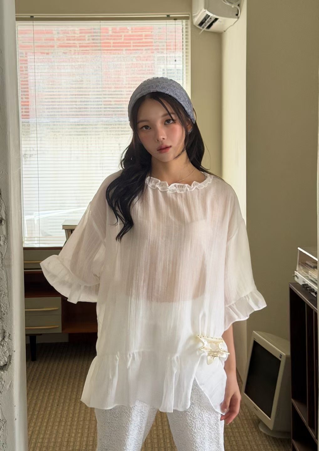 GISELE韓國代購女裝新款推薦休閑熱賣襯衫蕾絲衫天絲褶邊GISELE襯衫/蕾絲衫