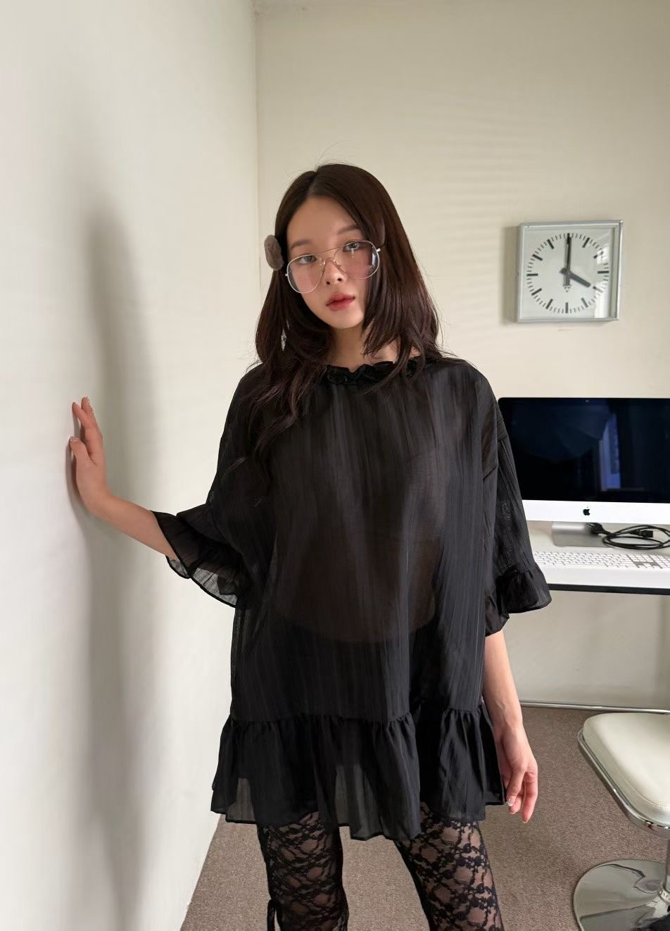 GISELE韓國代購女裝新款推薦休閑熱賣襯衫蕾絲衫天絲褶邊GISELE襯衫/蕾絲衫