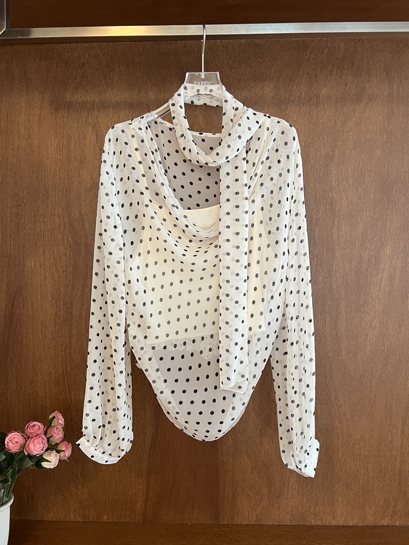 FABRIC韓國直郵女士新款時尚熱賣襯衫蕾絲衫含脖帶圍巾圓點FABRIC襯衫/蕾絲衫圖色1