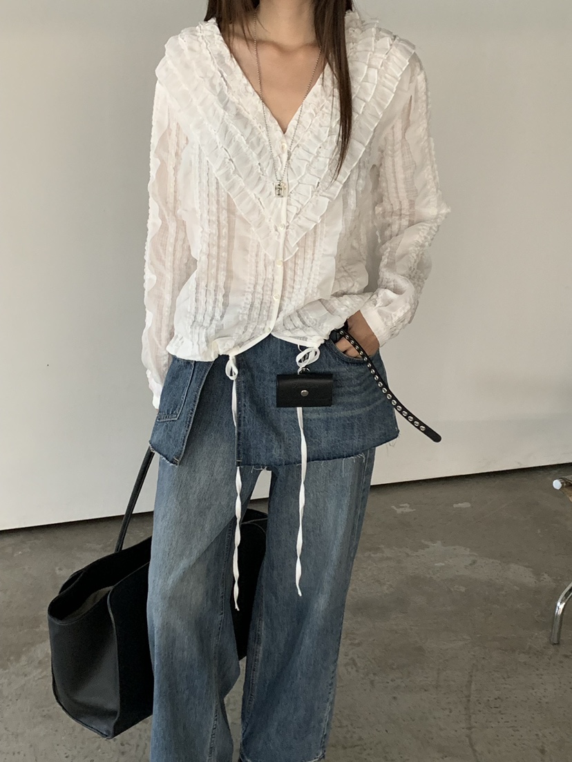 RIVER RAIN韓國代購女士新品人氣真品熱賣襯衫蕾絲衫褶邊RIVER RAIN襯衫/蕾絲衫