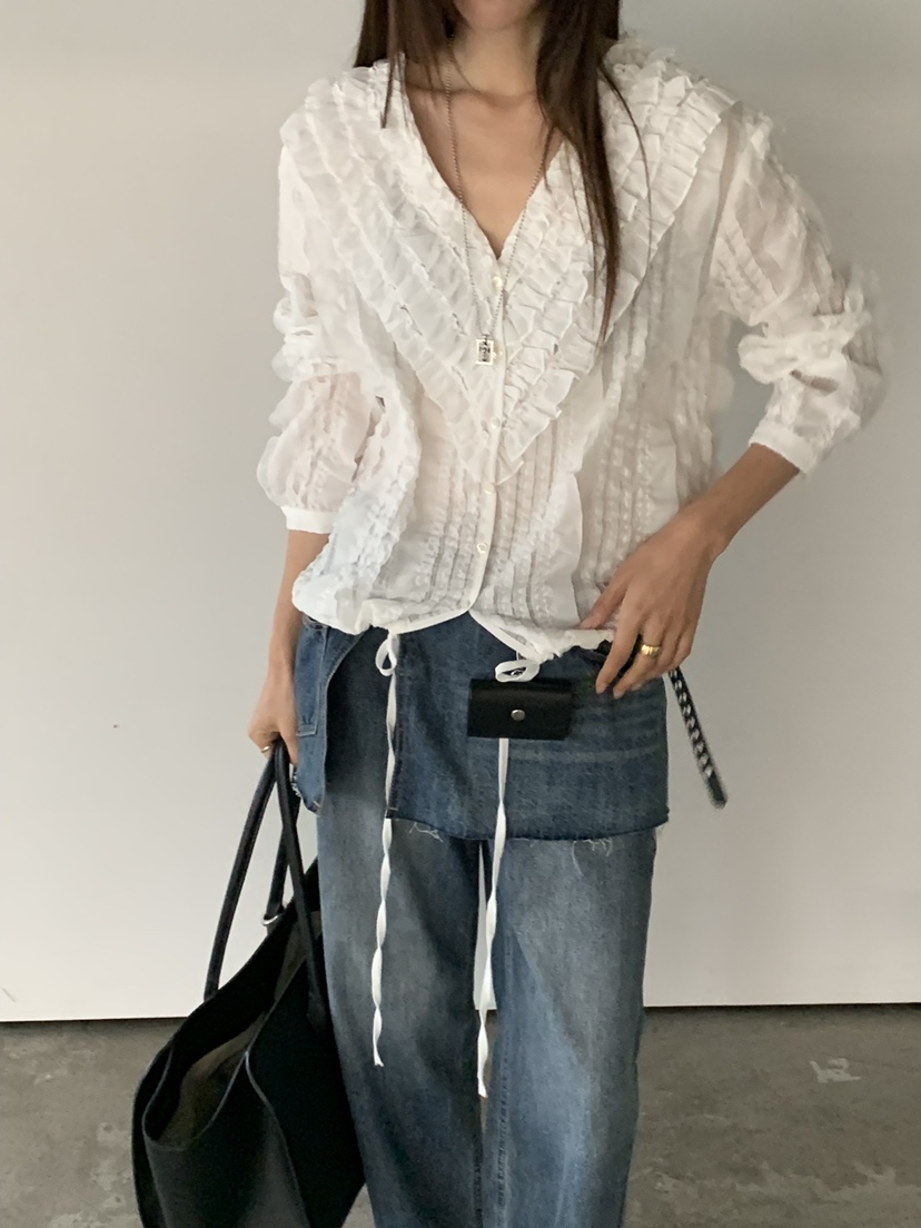 RIVER RAIN韓國代購女士新品人氣真品熱賣襯衫蕾絲衫褶邊RIVER RAIN襯衫/蕾絲衫