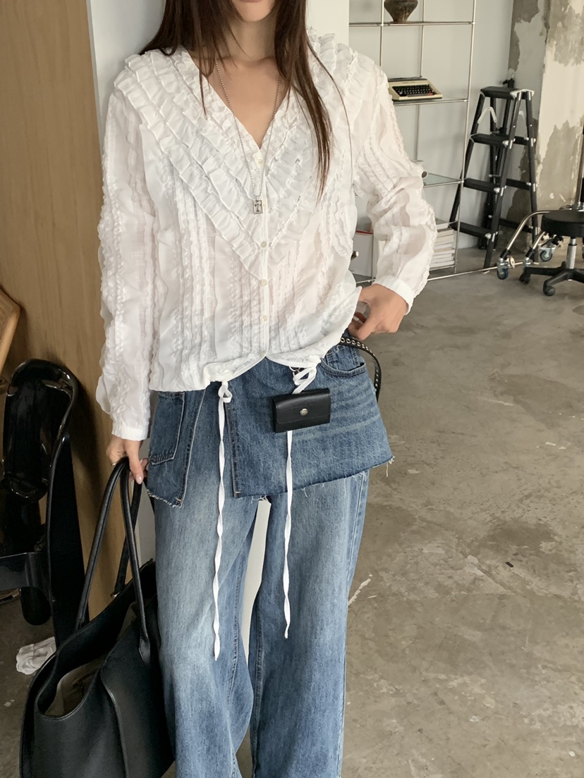 RIVER RAIN韓國代購女士新品人氣真品熱賣襯衫蕾絲衫褶邊RIVER RAIN襯衫/蕾絲衫