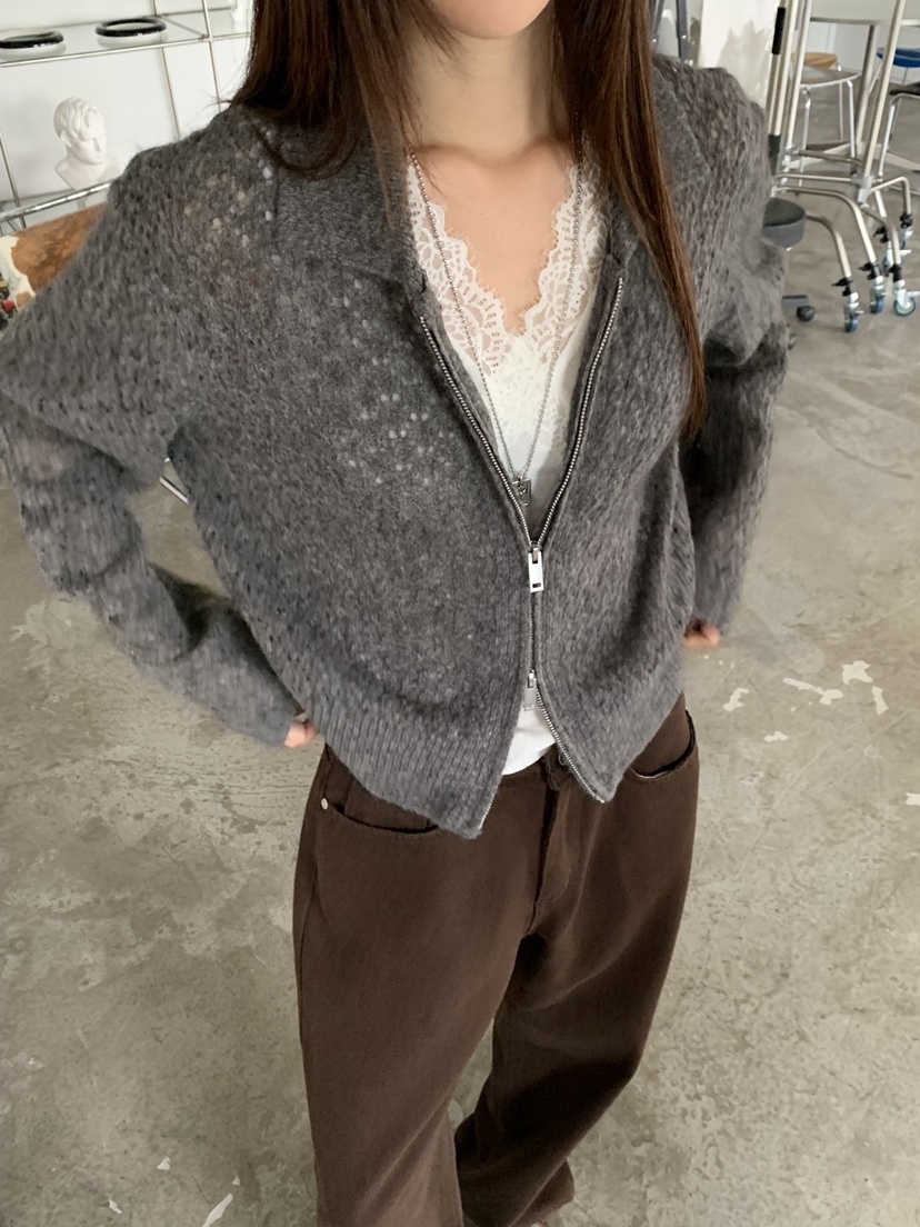 RIVER RAIN東大門實拍女裝新款時尚真品熱賣針織衫網眼拉鏈RIVER RAIN針織衫