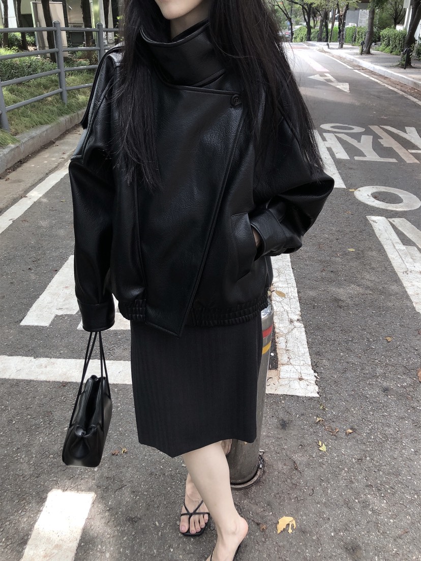 LE BUTTER韓國代購女士新款推薦熱賣休閑真品皮衣皮革高領LE BUTTER皮衣