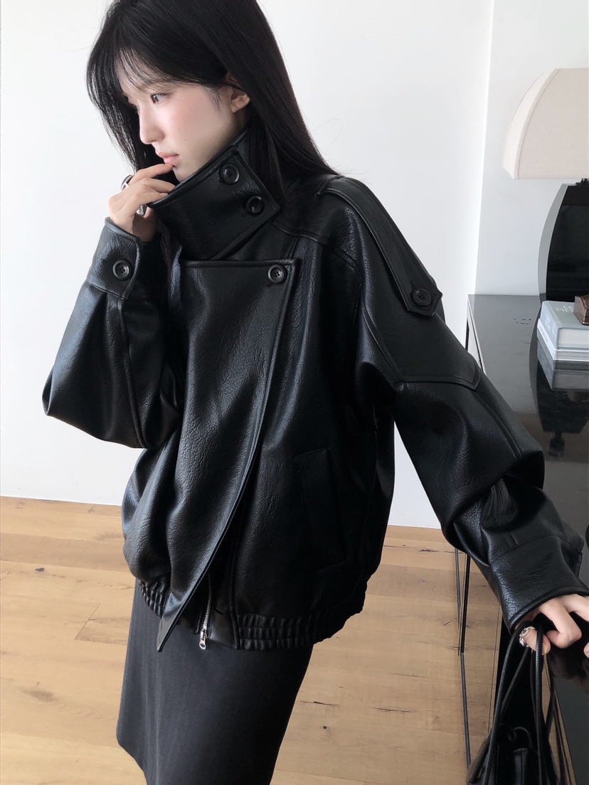LE BUTTER韓國代購女士新款推薦熱賣休閑真品皮衣皮革高領LE BUTTER皮衣