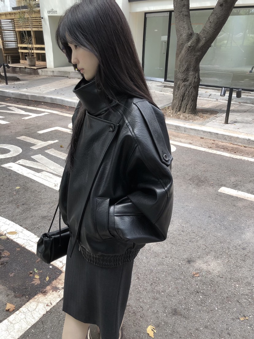 LE BUTTER韓國代購女士新款推薦熱賣休閑真品皮衣皮革高領LE BUTTER皮衣