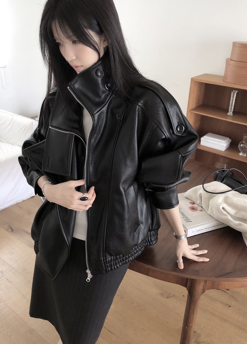 LE BUTTER韓國代購女士新款推薦熱賣休閑真品皮衣皮革高領LE BUTTER皮衣