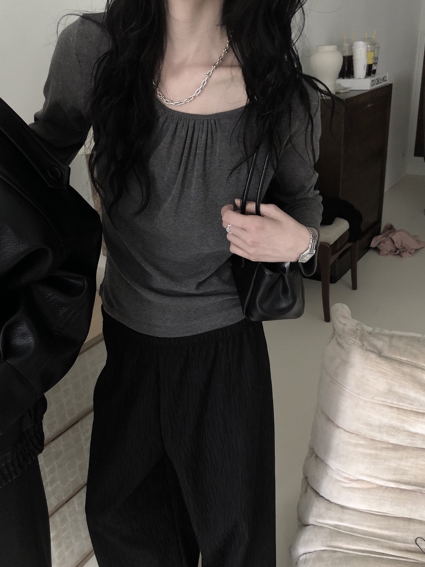 LE BUTTER韓國直郵女裝新品真品人氣休閑長袖T恤褶皺亞麻LE BUTTER長袖T恤