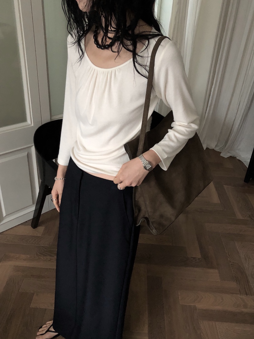 LE BUTTER韓國直郵女裝新品真品人氣休閑長袖T恤褶皺亞麻LE BUTTER長袖T恤