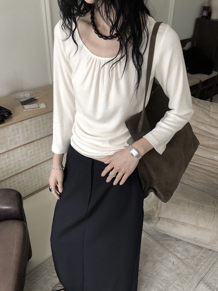 LE BUTTER韓國直郵女裝新品真品人氣休閑長袖T恤褶皺亞麻LE BUTTER長袖T恤