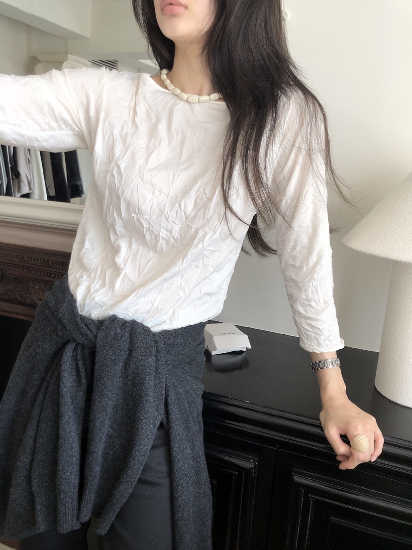 LE BUTTER東大門實拍女士新款推薦人氣時尚熱賣T恤船領褶皺LE BUTTERT恤