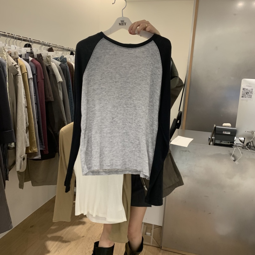 MEET ME東大門代購女裝新品時尚人氣長袖T恤插肩袖華夫格MEET ME長袖T恤圖色2