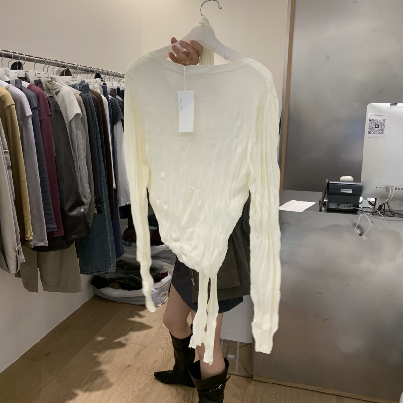 MEET ME東大門直郵女士新品熱賣休閑長袖T恤含飄帶套裝褶皺MEET ME長袖T恤