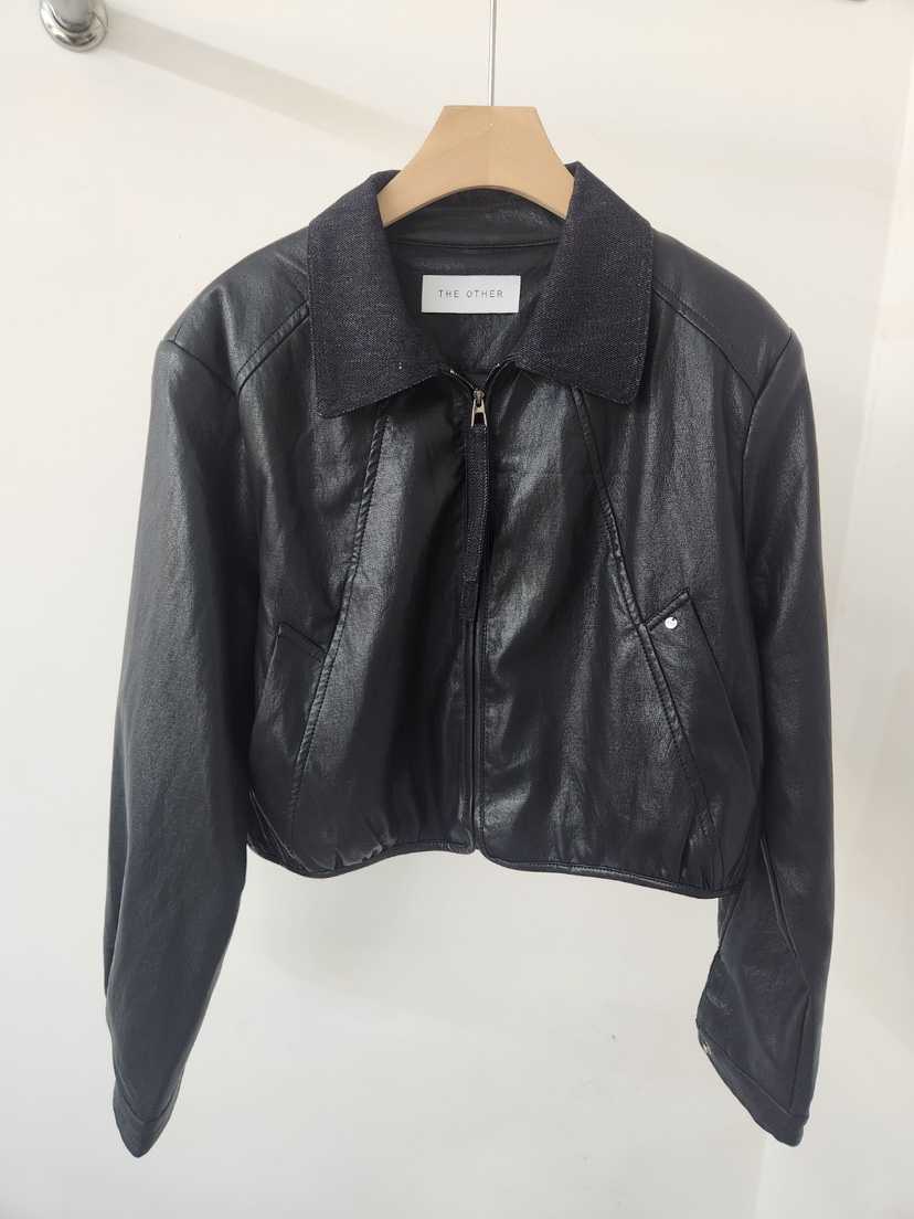 THE OTHER韓國直郵女裝新品推薦休閑真品時尚人氣皮衣撞色THE OTHER皮衣圖色2黑色