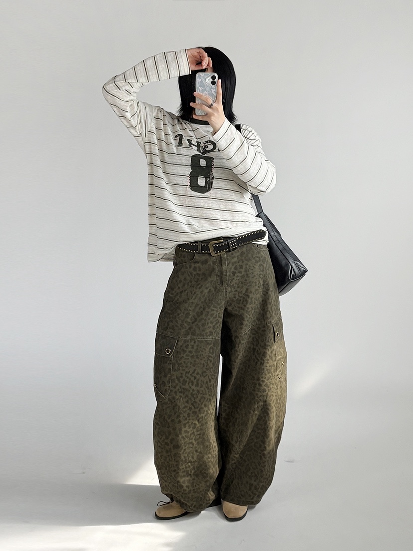LATTE-P韓國代購女士新品推薦人氣熱賣休閑褲不含腰帶豹紋LATTE-P休閑褲