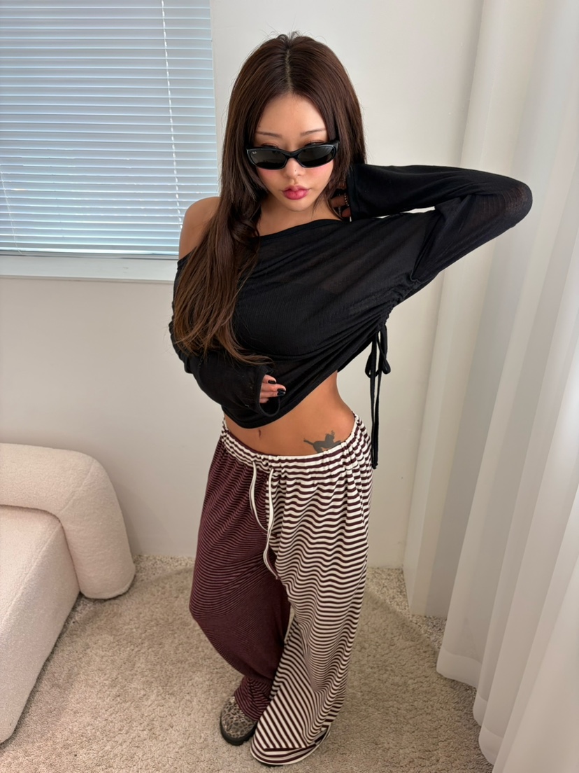 TIPSY韓國直郵女裝新款熱賣時尚推薦真品休閑長袖T恤褶皺TIPSY長袖T恤