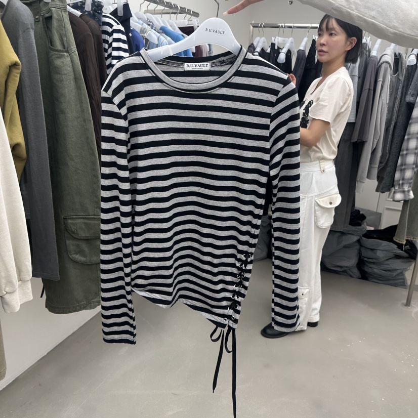 R U VAULT東大門實拍女士新款推薦休閑人氣長袖T恤條紋R U VAULT長袖T恤圖色1灰色