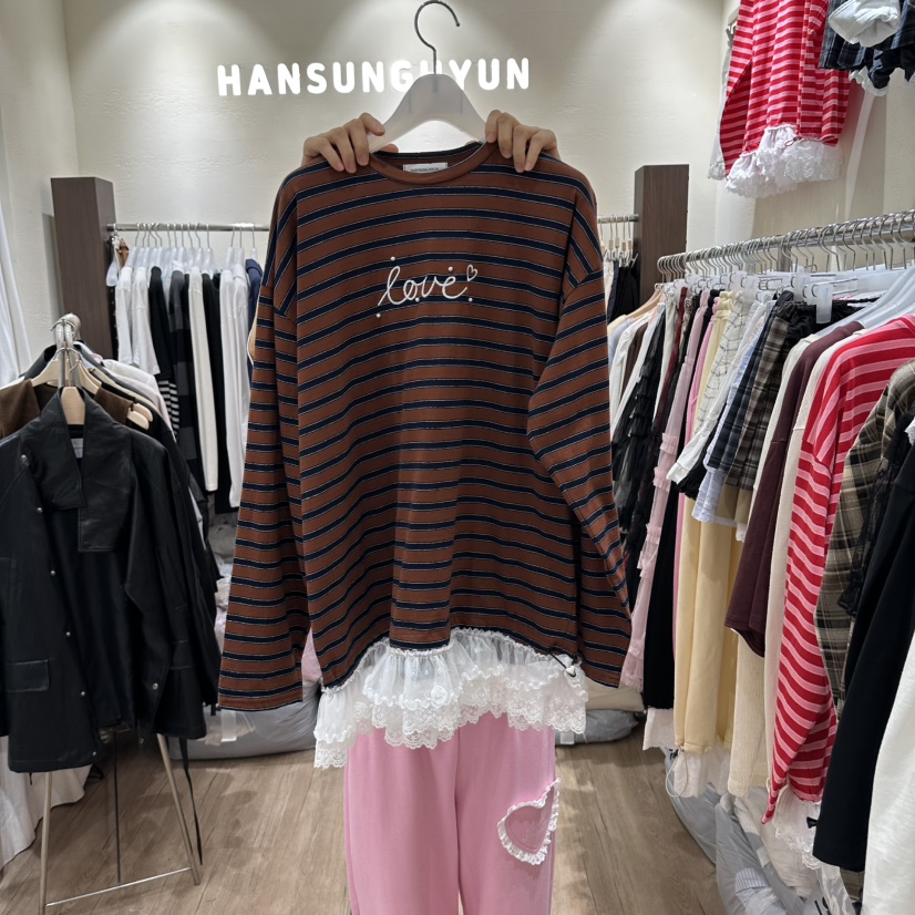 HANSUNGHYUN東大門實拍女裝新款推薦休閑長袖T恤珍珠蕾絲HANSUNGHYUN長袖T恤圖色2