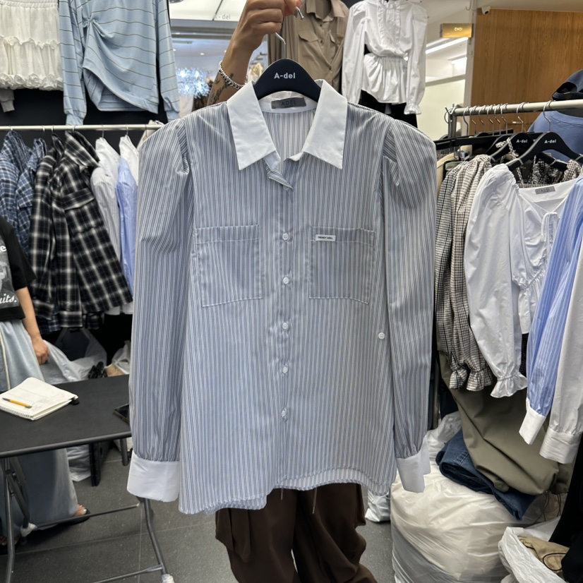 A-DEL韓國直郵女士新款休閑熱賣真品襯衫蕾絲衫泡泡袖撞色A-DEL襯衫/蕾絲衫圖色2