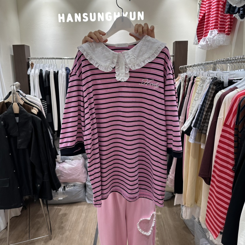 HANSUNGHYUN東大門代購女士新款休閑熱賣真品襯衫蕾絲衫條紋HANSUNGHYUN襯衫/蕾絲衫圖色2