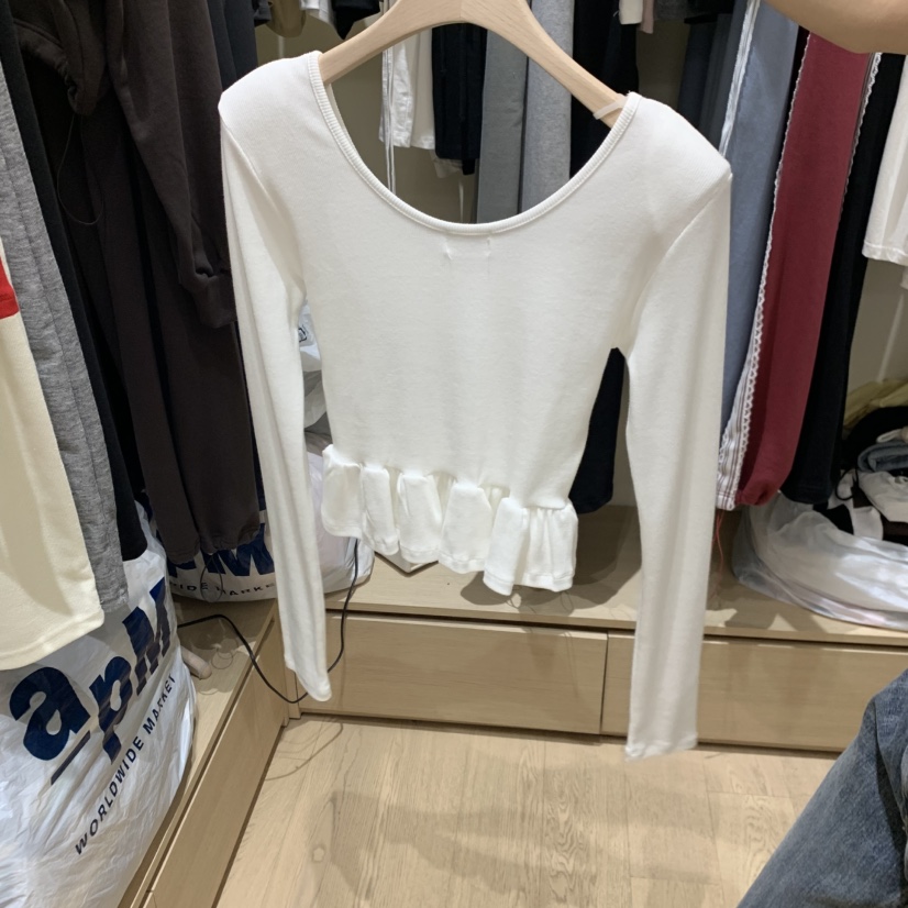 MONROE東大門實拍女士新品真品推薦熱賣長袖T恤荷葉邊紐扣MONROE長袖T恤