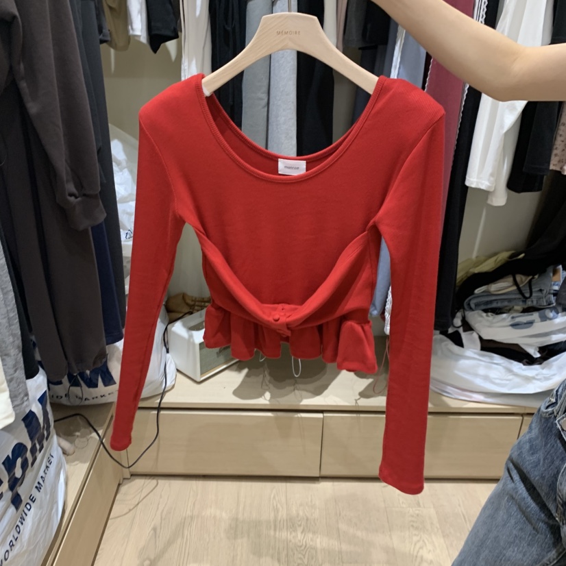MONROE東大門實拍女士新品真品推薦熱賣長袖T恤荷葉邊紐扣MONROE長袖T恤圖色3
