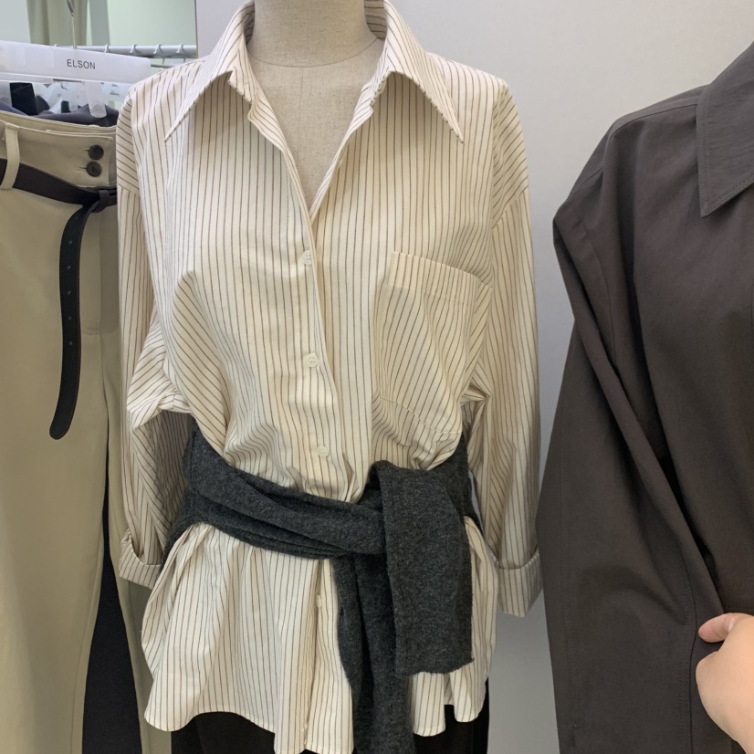 ELSON東大門實拍女士新款休閑襯衫蕾絲衫不含屁簾條紋經典ELSON襯衫/蕾絲衫圖色2棕色