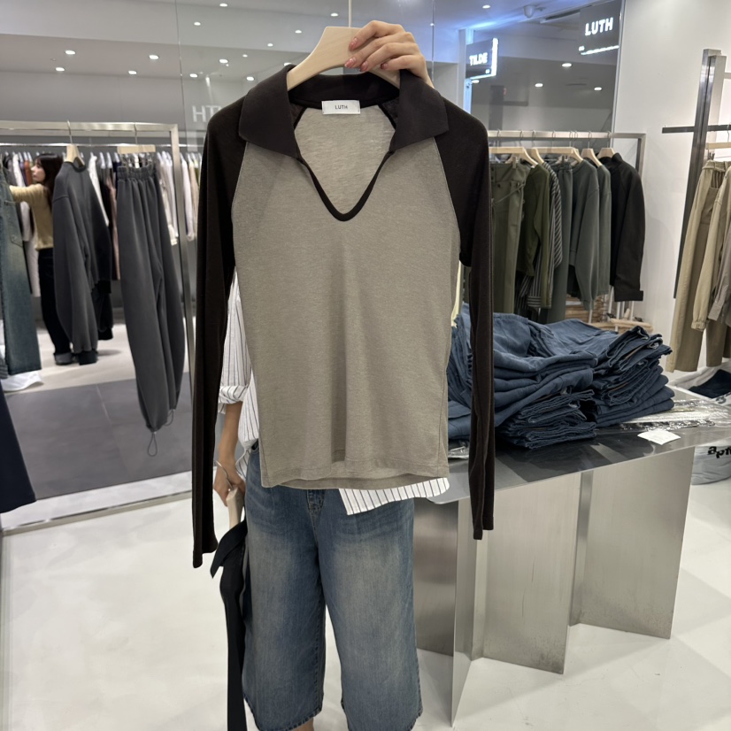 LUTH東大門代購女裝新品人氣時尚休閑熱賣推薦長袖T恤撞色LUTH長袖T恤圖色1