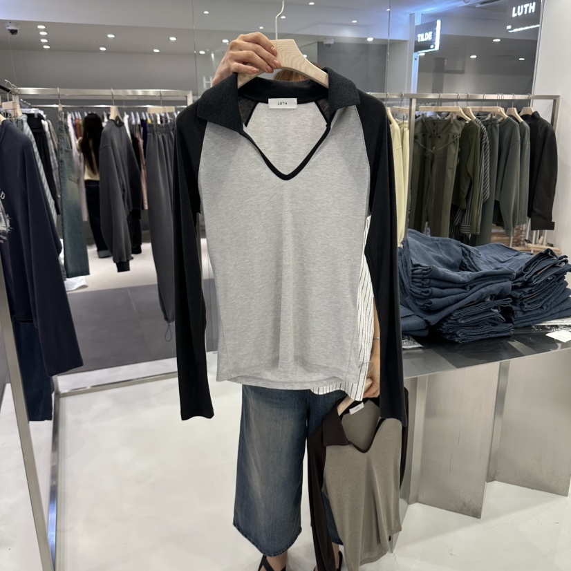 LUTH東大門代購女裝新品人氣時尚休閑熱賣推薦長袖T恤撞色LUTH長袖T恤圖色2