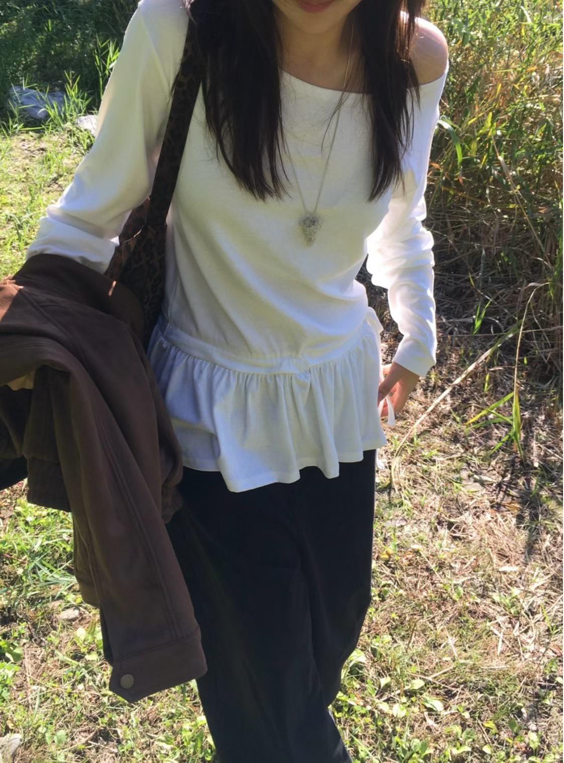 WAYBETTER韓國代購女裝新款休閑人氣時尚長袖T恤荷葉邊露肩WAYBETTER長袖T恤